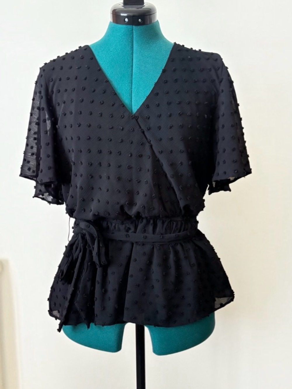 SO Goods for Life Black Swiss Dot Wrap Blouse with Bow Office Workwear Size L